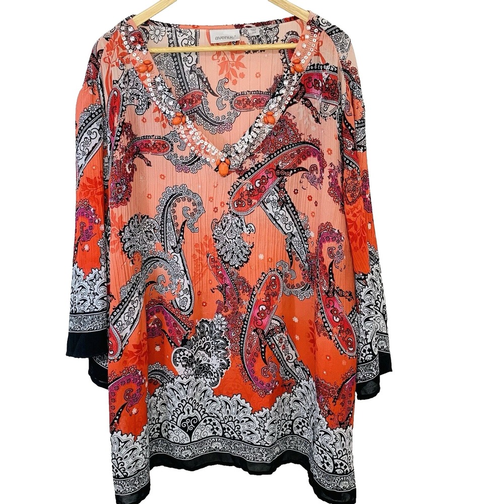 Avenue Floral Colorful Beaded Flare Sleeve Blouse Woman 22/24 Boho Travel Office